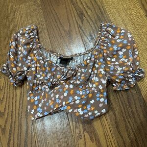 ! Just Polly Brown Floral Western Boho Tie Back Crop Top Women Size S